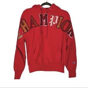 Champion Old English Spell Out Reverse Weave Hoodie XS Red